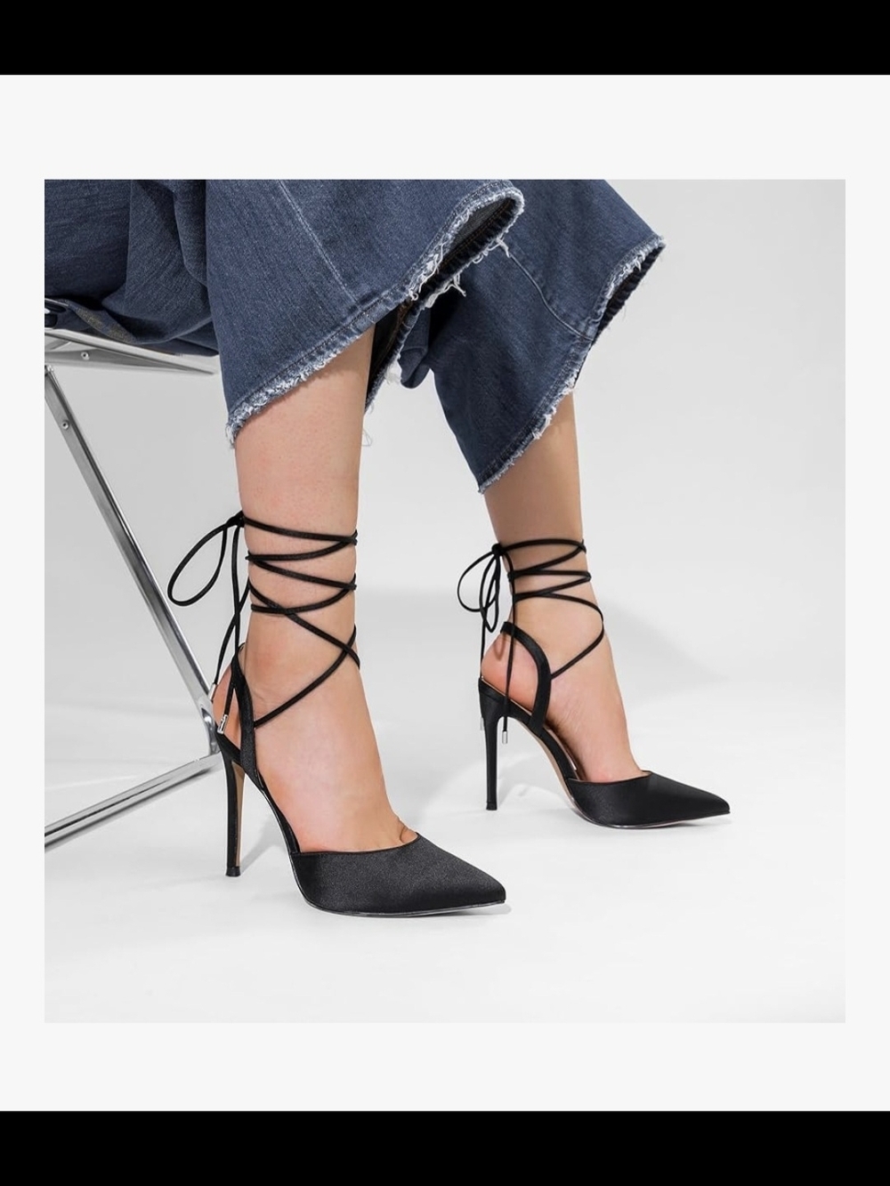 Dream Pairs Black Satin Pointed Toe Lace-Up Slingback Pumps - Picture 7 of 10